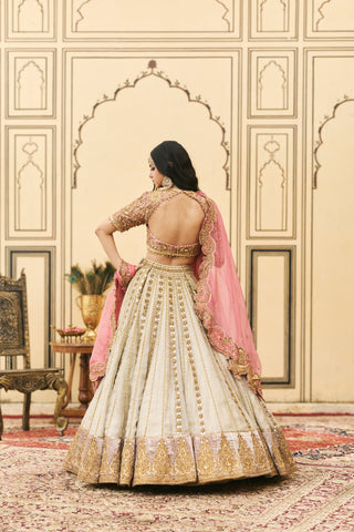 Lehenga Set for Indian Wedding - Silver Polki Gulabi-Rajat Tissue Lehenga Set by Itrh at Mrs. G