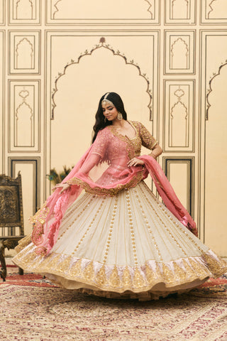Lehenga Set for Indian Wedding - Silver Polki Gulabi-Rajat Tissue Lehenga Set by Itrh at Mrs. G