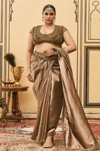 Saree Set for Indian Wedding - Brown Polki Bhoori Tissue Jadaau Saree Set by Itrh at Mrs. G