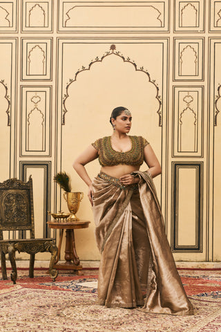 Saree Set for Indian Wedding - Brown Polki Bhoori Tissue Jadaau Saree Set by Itrh at Mrs. G