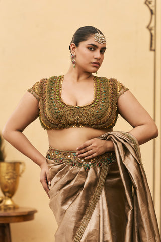 Saree Set for Indian Wedding - Brown Polki Bhoori Tissue Jadaau Saree Set by Itrh at Mrs. G