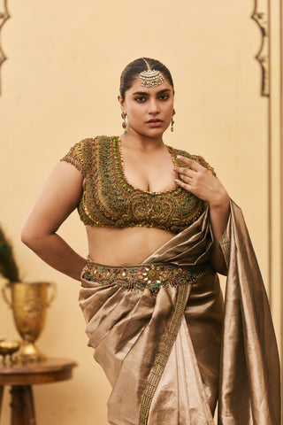 Saree Set for Indian Wedding - Brown Polki Bhoori Tissue Jadaau Saree Set by Itrh at Mrs. G