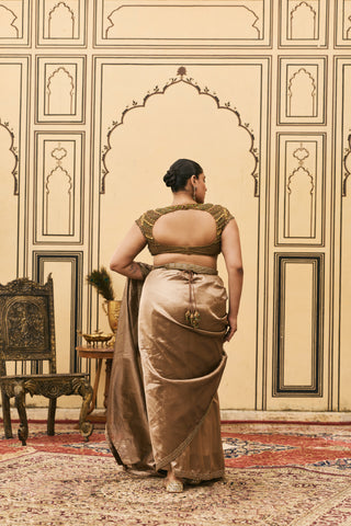 Saree Set for Indian Wedding - Brown Polki Bhoori Tissue Jadaau Saree Set by Itrh at Mrs. G