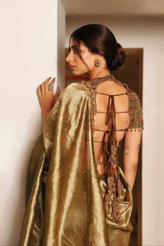 Draped Saree Indian Wedding - Gold svarnalekha jadaau by Itrh