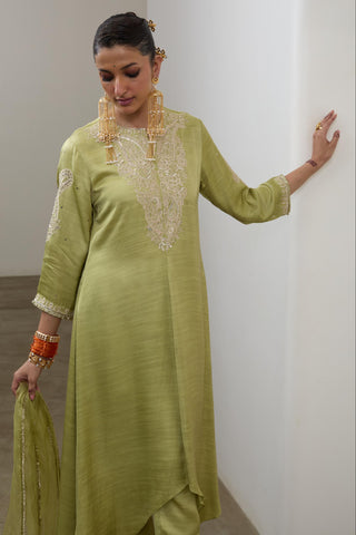 Asymmetric Kurta Set for Contemporary Wear – Pista Pashmina by Sheela Suthar