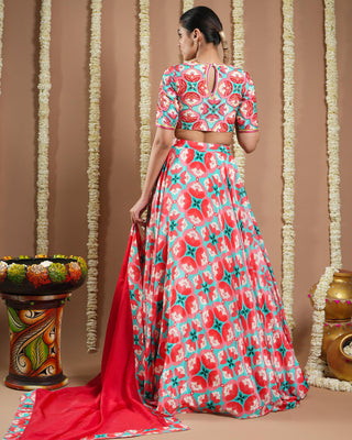 Red tile printed avyanna lehenga set