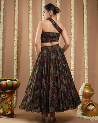 Black printed avyanna drape top and skirt set