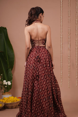 Lehenga set for Indian Wedding – Maroon Halter Neck by AHI Clothing
