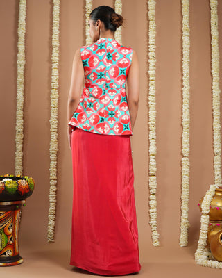 Red tile printed coat avyanna drape skirt set