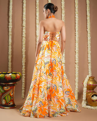 Orange printed corset drape indo avyanna lehenga set