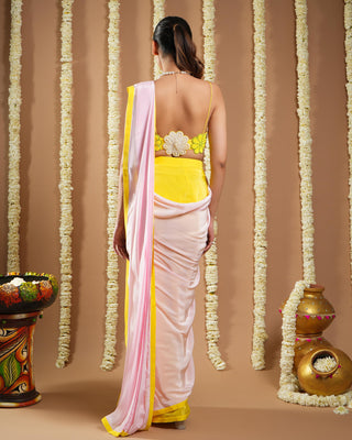 Yellow & pink flower avyanna pre-draped saree