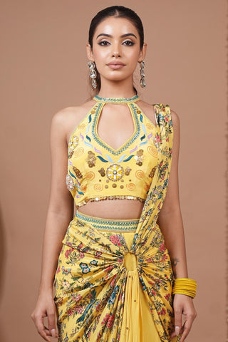 Drape saree for Indian Wedding – Bright Yellow Halter Neck by AHI Clothing