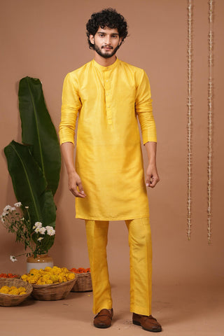 Kurta pajama set for Indian Wedding – Yellow Printed Open Jacket by AHI Clothing