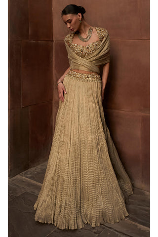 Crushed Lehenga Set Indian Wedding Gold Tissue by Tamanna Punjabi Kapoor