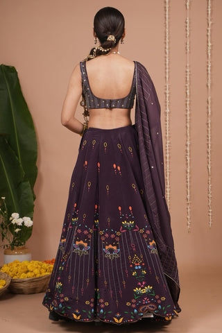 Lehenga set for Indian Wedding – Dark Purple Printed by AHI Clothing