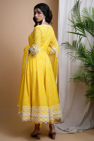 Yellow sitara bandhani digital print anarkali set