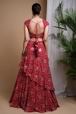 Red sitara bandhani digital print indo lehenga set