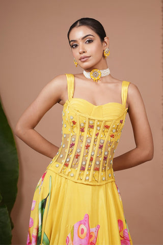 Lehenga set for Indian Wedding – Mustard Floral Corset Heavy by AHI Clothing