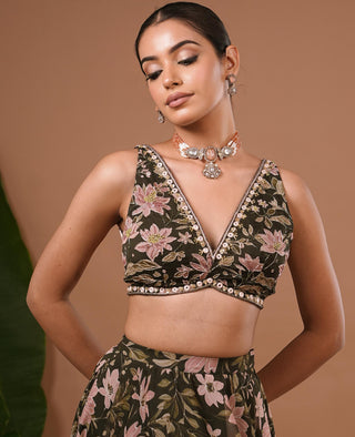 Organza lehenga for Indian Wedding – Olive Green Floral Printed by AHI Clothing