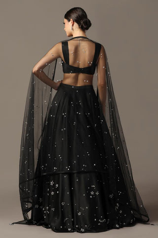 Black satin lehenga set with draped blouse