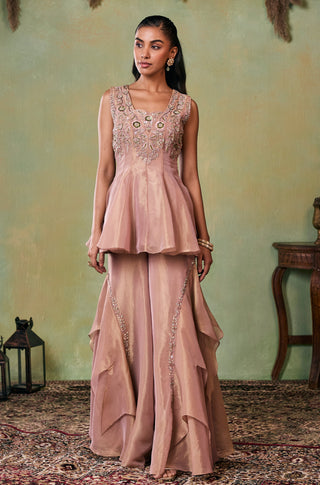 Sharara Set for Indian Wedding - Rose Gold Drop Dead Gorgeous Mila Peplum Sharara Set by Seema Thukral at Mrs. G