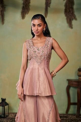 Sharara Set for Indian Wedding - Rose Gold Drop Dead Gorgeous Mila Peplum Sharara Set by Seema Thukral at Mrs. G