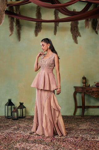 Sharara Set for Indian Wedding - Rose Gold Drop Dead Gorgeous Mila Peplum Sharara Set by Seema Thukral at Mrs. G