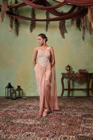 Pre-Stitched Saree for Indian Wedding - Rose Gold Drop Dead Gorgeous Eva Saree Set by Seema Thukral at Mrs. G