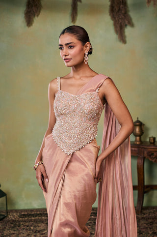 Pre-Stitched Saree for Indian Wedding - Rose Gold Drop Dead Gorgeous Eva Saree Set by Seema Thukral at Mrs. G