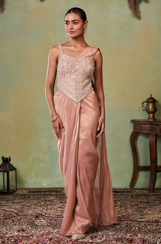 Pre-Stitched Saree for Indian Wedding - Rose Gold Drop Dead Gorgeous Eva Saree Set by Seema Thukral at Mrs. G