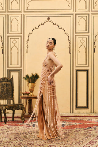 Dress Set for Indian Wedding - Orange Polki Kesari Tissue Brocade Beads Dress Set by Itrh at Mrs. G