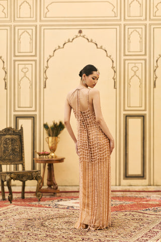 Dress Set for Indian Wedding - Orange Polki Kesari Tissue Brocade Beads Dress Set by Itrh at Mrs. G