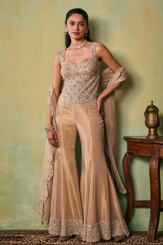 Pant Set for Indian Wedding - Gold Shiloh Choli, Flared Pants And Dupatta Set by Seema Thukral at Mrs. G