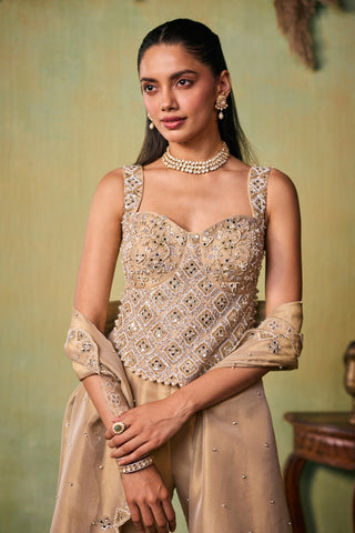 Pant Set for Indian Wedding - Gold Shiloh Choli, Flared Pants And Dupatta Set by Seema Thukral at Mrs. G