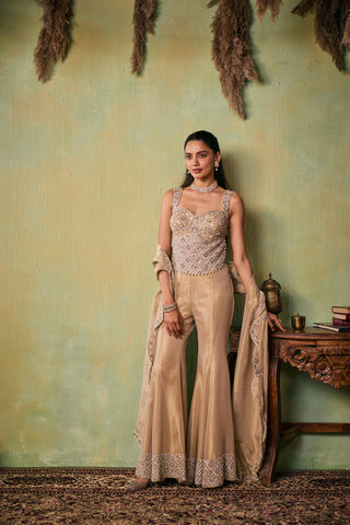 Pant Set for Indian Wedding - Gold Shiloh Choli, Flared Pants And Dupatta Set by Seema Thukral at Mrs. G