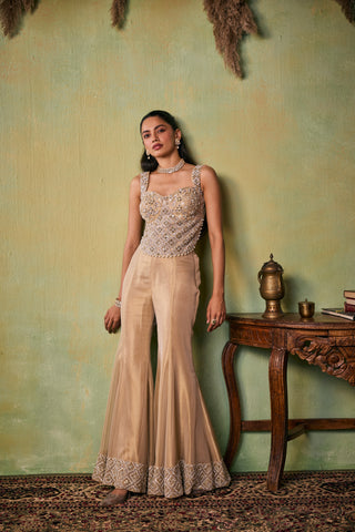 Pant Set for Indian Wedding - Gold Shiloh Choli, Flared Pants And Dupatta Set by Seema Thukral at Mrs. G