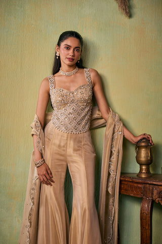 Pant Set for Indian Wedding - Gold Shiloh Choli, Flared Pants And Dupatta Set by Seema Thukral at Mrs. G