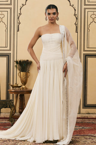 Gown Set for Indian Wedding - Ivory Polki Sheer Georgette Gown Set by Itrh at Mrs. G