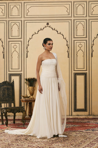 Gown Set for Indian Wedding - Ivory Polki Sheer Georgette Gown Set by Itrh at Mrs. G