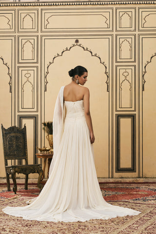 Gown Set for Indian Wedding - Ivory Polki Sheer Georgette Gown Set by Itrh at Mrs. G