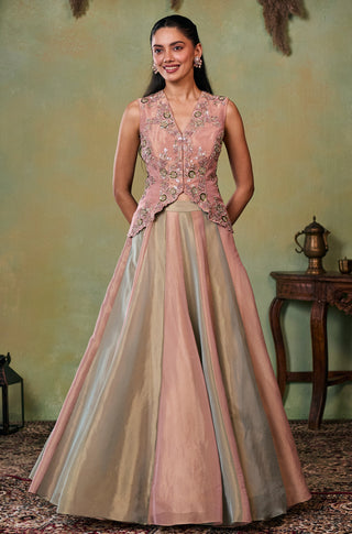 Lehenga Set for Indian Wedding - Rose Gold And Green Drop Dead Gorgeous Rosalia Lehenga Set by Seema Thukral at Mrs. G