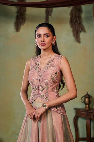 Lehenga Set for Indian Wedding - Rose Gold And Green Drop Dead Gorgeous Rosalia Lehenga Set by Seema Thukral at Mrs. G