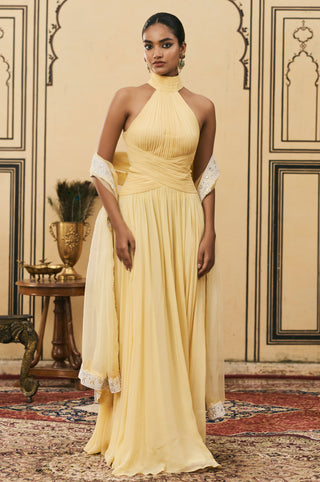 Gown Set for Indian Wedding - Yellow Polki Makhani Georgette Gown Set by Itrh at Mrs. G