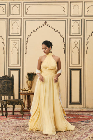 Gown Set for Indian Wedding - Yellow Polki Makhani Georgette Gown Set by Itrh at Mrs. G