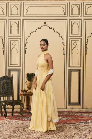 Gown Set for Indian Wedding - Yellow Polki Makhani Georgette Gown Set by Itrh at Mrs. G