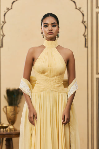Gown Set for Indian Wedding - Yellow Polki Makhani Georgette Gown Set by Itrh at Mrs. G