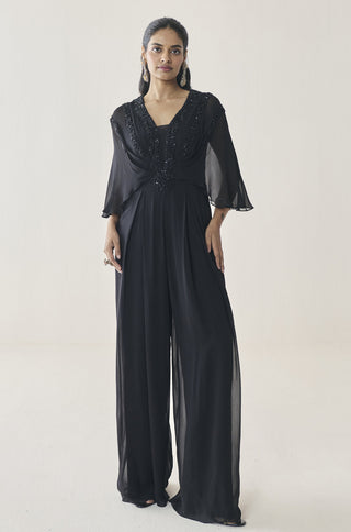 Pre-Draped Jumpsuit for Indian Wedding - Black Material Girl Fawn Jumpsuit by Seema Thukral at Mrs. G