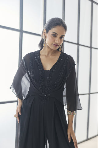Pre-Draped Jumpsuit for Indian Wedding - Black Material Girl Fawn Jumpsuit by Seema Thukral at Mrs. G