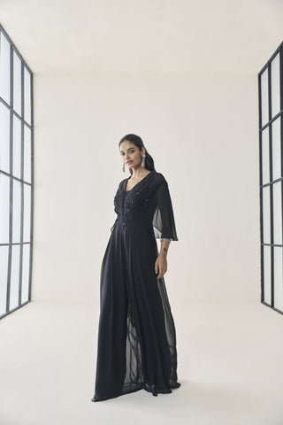 Pre-Draped Jumpsuit for Indian Wedding - Black Material Girl Fawn Jumpsuit by Seema Thukral at Mrs. G