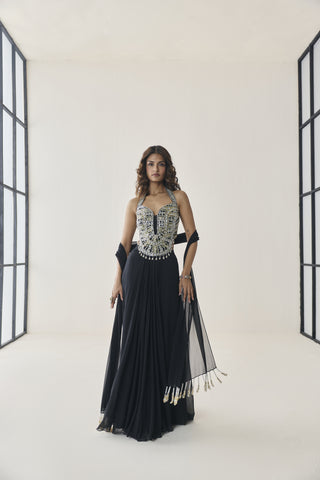 Halter Skirt Set for Indian Wedding - Black Material Girl Petal Skirt Set by Seema Thukral at Mrs. G